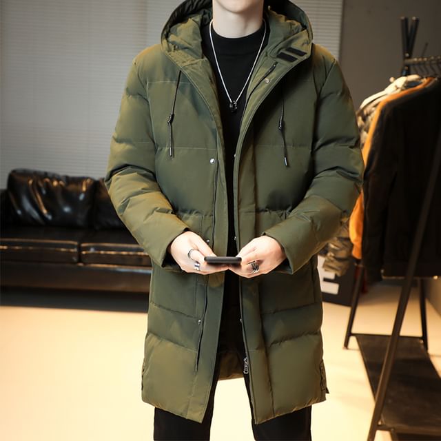 Bay Go Mall-Plain Hooded Long Zip Puffer Coat