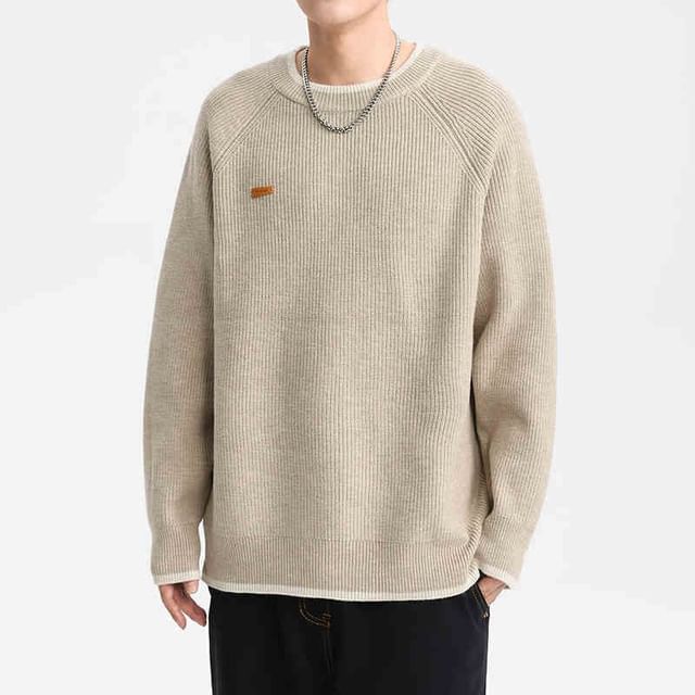 Zentrus-Crew Neck Contrast Trim Ribbed Sweater