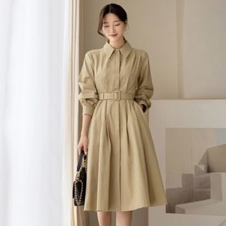 CHICLINE [チックライン] Eret Open Collar D-Ring Belt Dress Waist-Defined Linen-Blend Tie-Belt Shirt Dress | Old Navy
