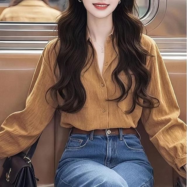 Everose-Long-Sleeve Plain Button-Up Shirt