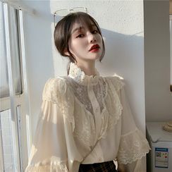 Honey Diary - Long-Sleeve Lace Trim Mock-Neck Blouse Honey Diary - Long-Sleeve Lace Trim Mock-Neck Blouse