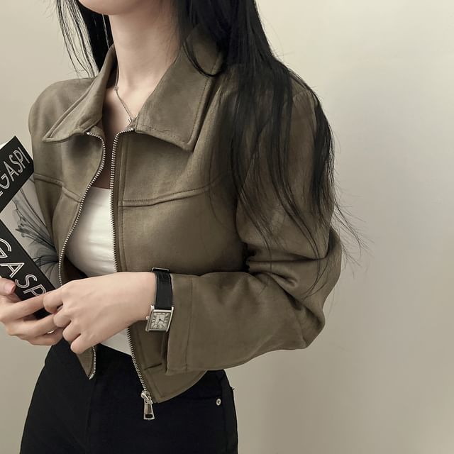 Happo-Collar Plain Faux Suede Cropped Zip Jacket