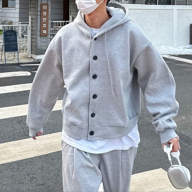 Okwano-Drop Shoulder Hooded Plain Button Jacket Mid Rise Plain Wide Leg Sweatpants