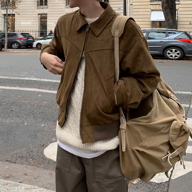 Okwano-Collar Plain Faux Suede Zip Jacket