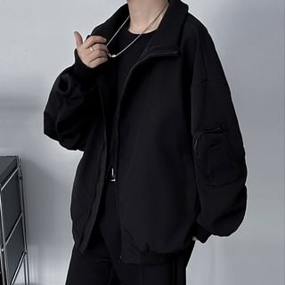 Trimecca-Stand Collar Plain Oversized Zip Up Jacket