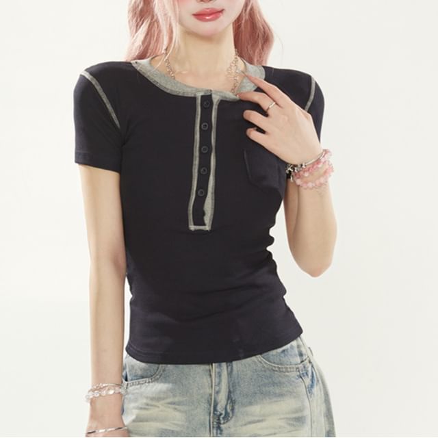 JVL-Short-Sleeve Henley Two Tone Top