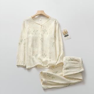 Finlies Pajama Set Long Sleeve V Neck Floral Print Button Top + Elastic