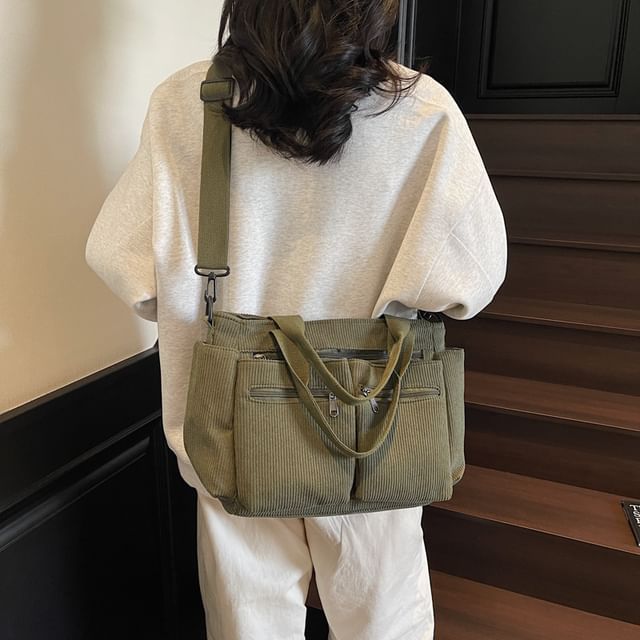 Mulgam-Plain Corduroy Crossbody Tote Bag