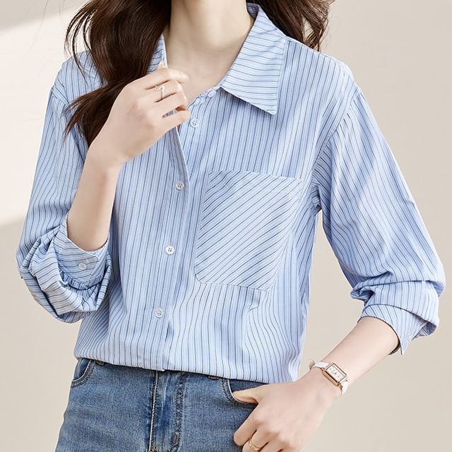 Acoustic Rain-Long Sleeve Collared Striped Shirt