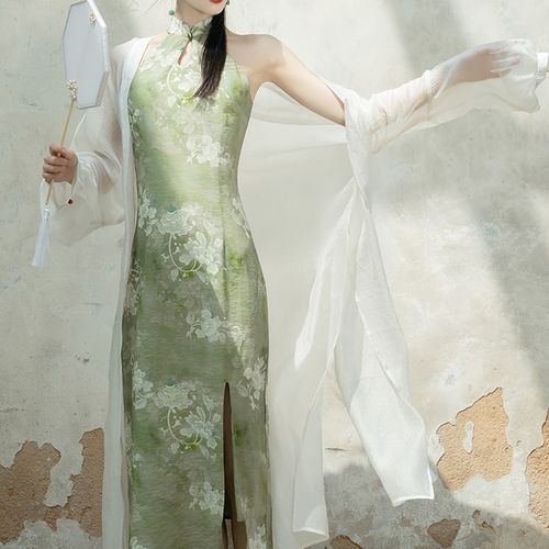 Set: Sleeveless Mandarin Collar Floral Print Keyhole Slit Midi A-Line Dress  + Plain Midi Open Front Jacket