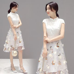 EFO - Mandarin Collar Floral-Applique Organza Dress EFO - Mandarin Collar Floral-Applique Organza Dress