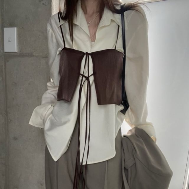 Coris-Set Plain Button-Up Shirt Tie-Front Crop Camisole Top