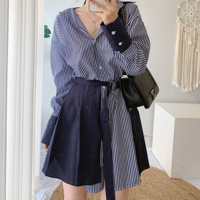 Auboi - Set: Long Sleeve Collared Striped Mini Loose Shirt Dress + Plain Pleated  Mini Overlay Skirt | YesStyle