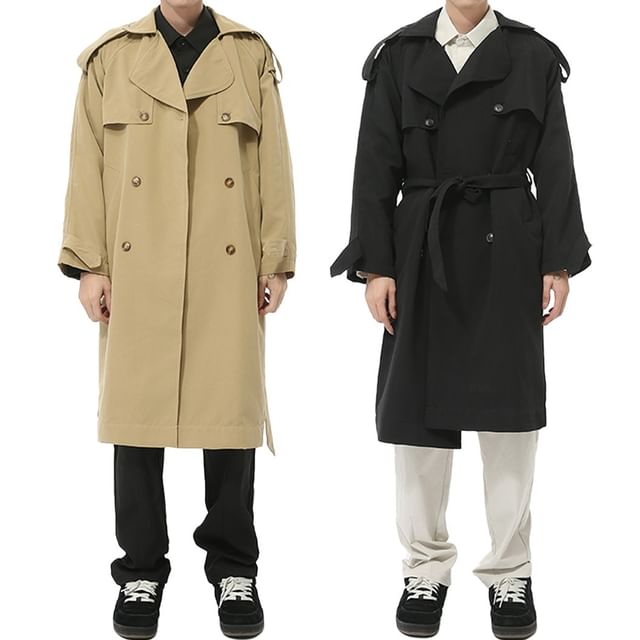 FAERIS-Plain Tie Waist Midi Double-Breasted Trench Jacket
