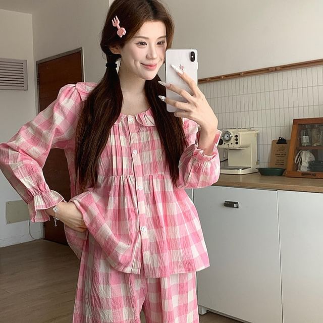 Sadelle-Pajama Set Long-Sleeve Peter Pan Collar Gingham Button-Up Top Pants