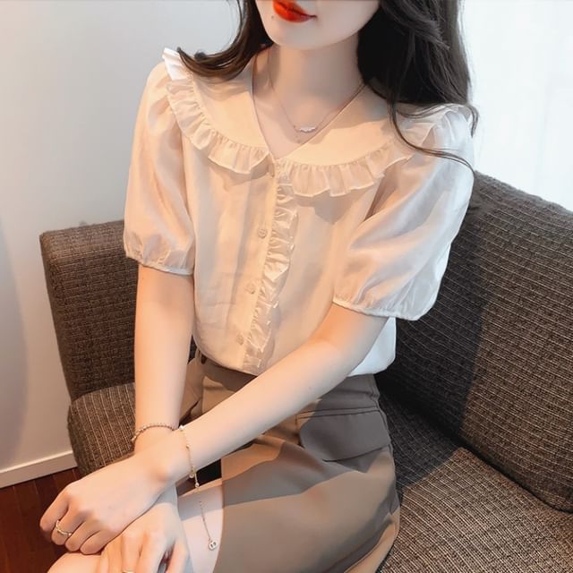 Dragan Pulse-Short-Sleeve Collared Plain Ruffle Blouse