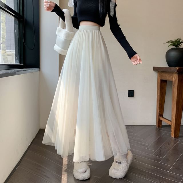 Juuri-High Rise Plain Sheer Panel Maxi A-Line Skirt