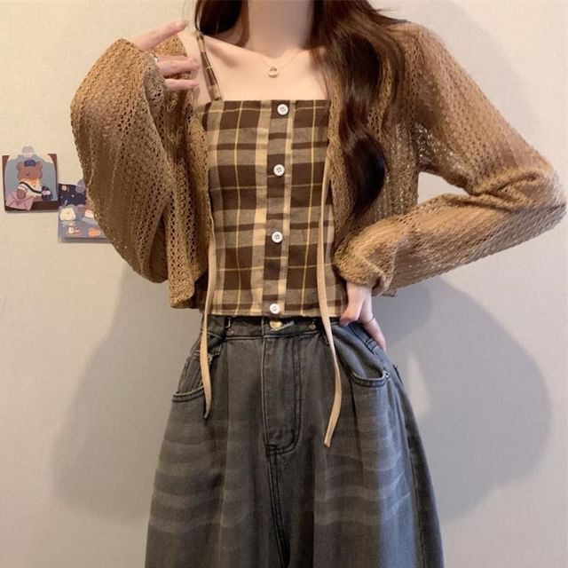 Shinsei-Set Plaid Button Accent Crop Cami Top V-Neck Plain Perforated Tie Front Cardigan