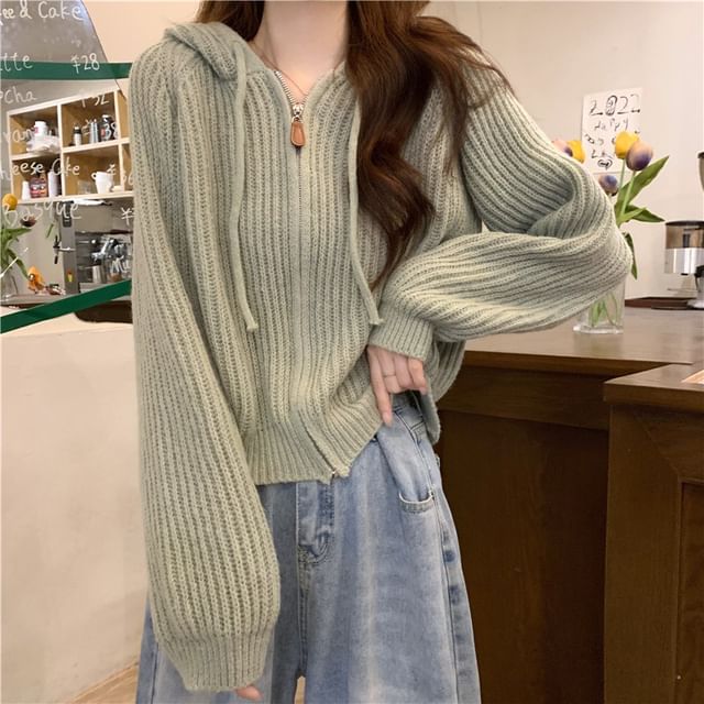 Magimomo-Plain Hood Ribbed Zip Cardigan