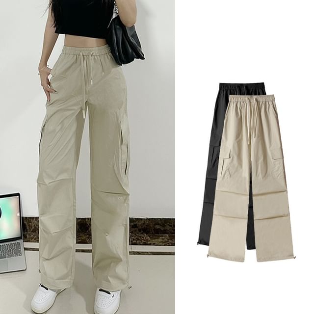 Woohan-High Rise Plain Cargo Straight Leg Pants
