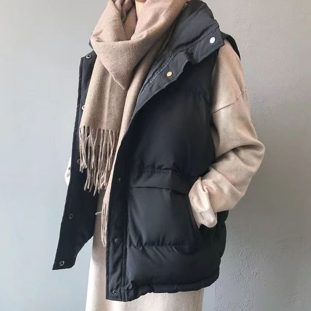 Everose-Stand Collar Plain Button-Up Puffer Vest