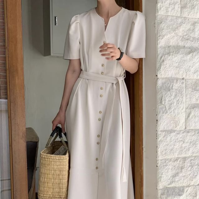 astr the label tie back puff sleeve midi dress High Neck Tie-Back Midi Dress