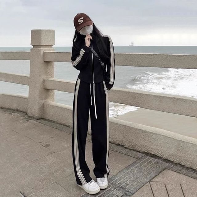 Dovitade-Set Stand Collar Striped Zip Jacket Drawstring Waist Wide Leg Pants