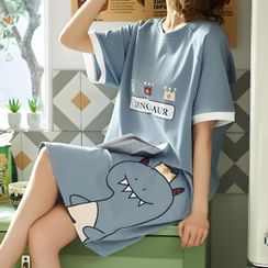Jeony - Printed Short Sleeve Sleep Dress Jeony - Printed Short Sleeve Sleep Dress