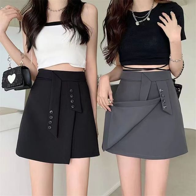 Everose-High Waist Plain Asymmetrical Mini A-Line Skirt