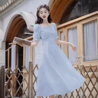 Cocaliso Short Sleeve Square Neck Plain Midi A Line Dress Sale