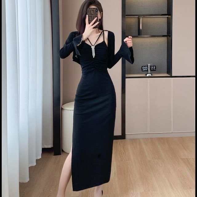 Sheath Dress Black Jacket To Go Over Dress Set: Spaghetti Strap
