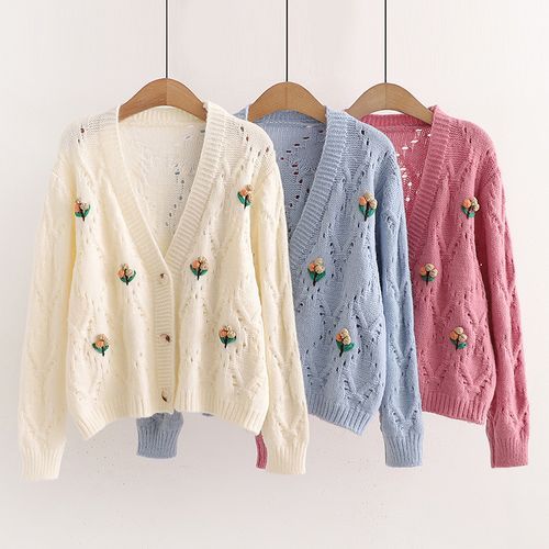 Mori Girls - V-Neck Long-Sleeve Floral Embroidered Cardigan