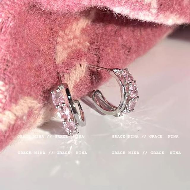 Chimerro-Layered Rhinestone Alloy Open Hoop Earring