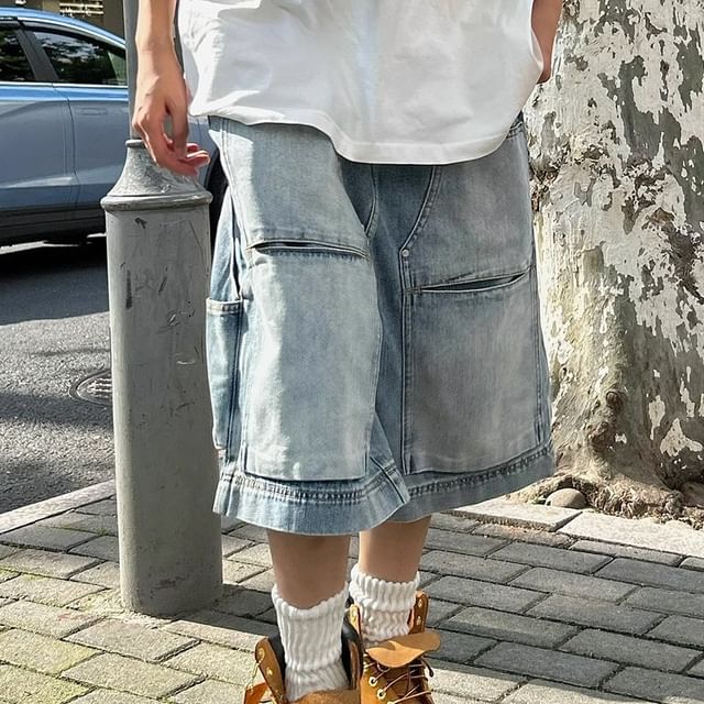 Naideth-Mid Rise Washed Panel Cargo Jorts