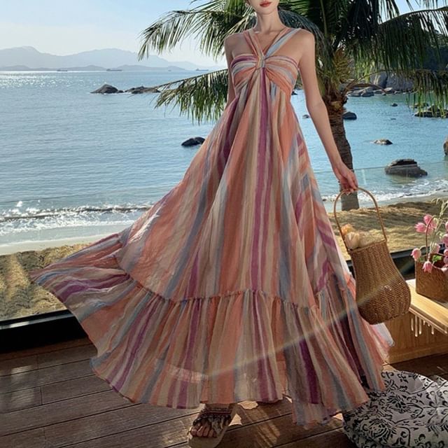 Faiar - Halter Striped Maxi Sundress | YesStyle