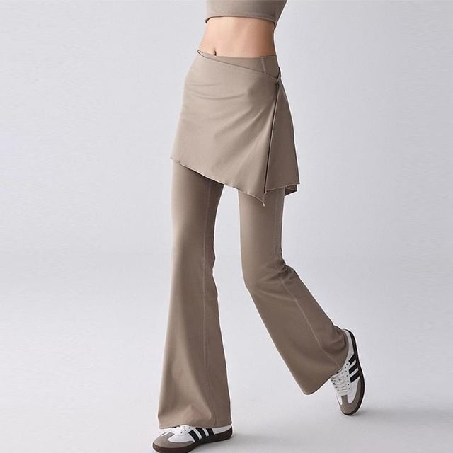 Runyz-Mid Rise Plain Skirt Overlay Flared Yoga Pants