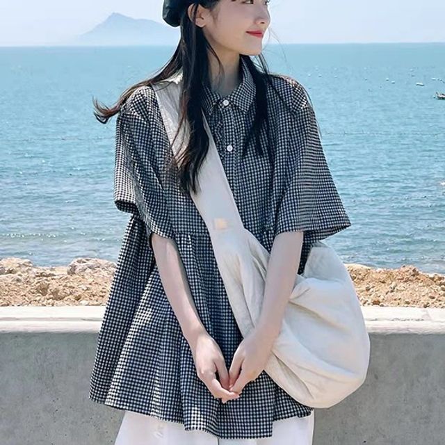 Bigfol-Short-Sleeve Plaid Blouse