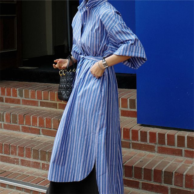 ワンピース Striped Asymmetrical Shirt Dress Felixia - Long-Sleeve Striped Asymmetrical Slit Sashed Midi Shirt