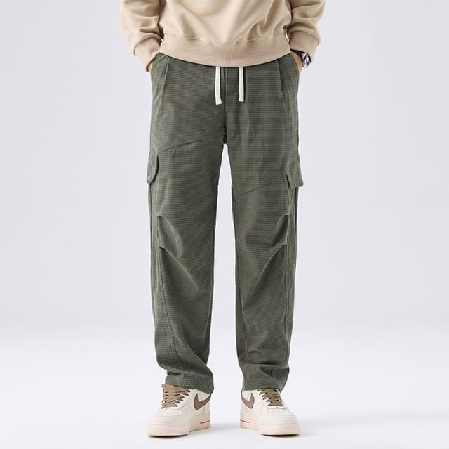 Lefitt-Drawstring Waist Plain Wide Leg Cargo Pants