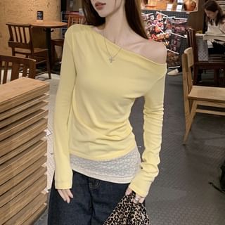 Trendycas-Long Sleeve One Shoulder Panel Lace Top