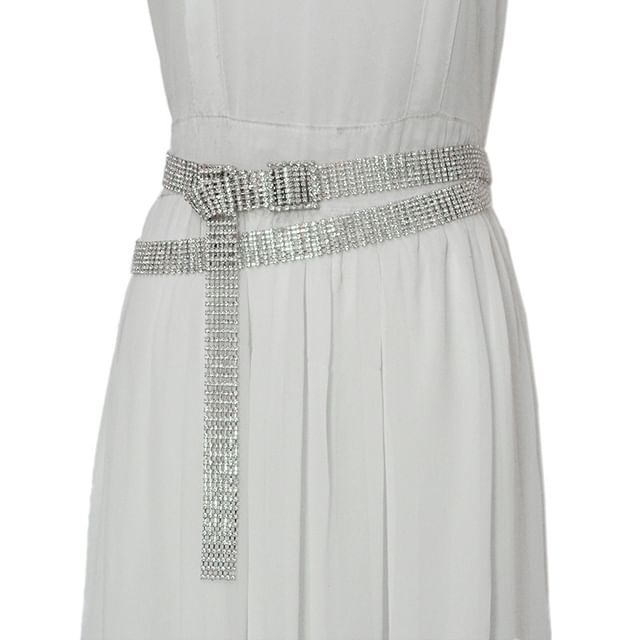 Poyol-Rhinestone Buckled Layered Belt