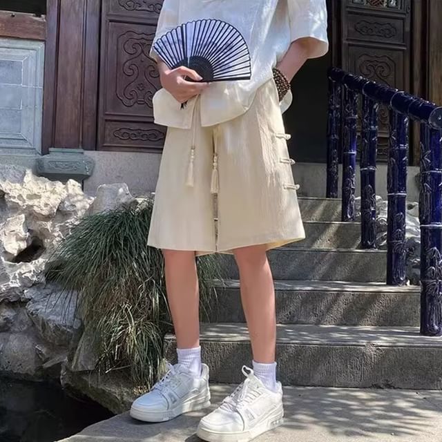 Cowpow-Mid Rise Plain Frog-Button Shorts