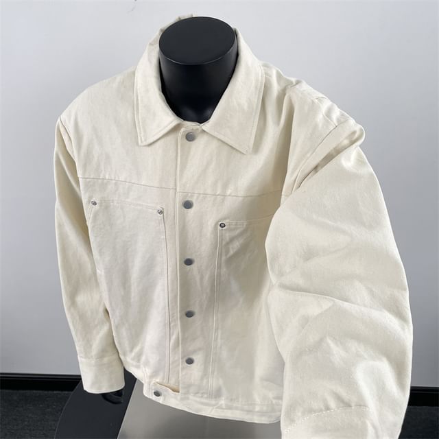 Plummie-Drop Shoulder Collared Plain Denim Button Up Trucker Jacket