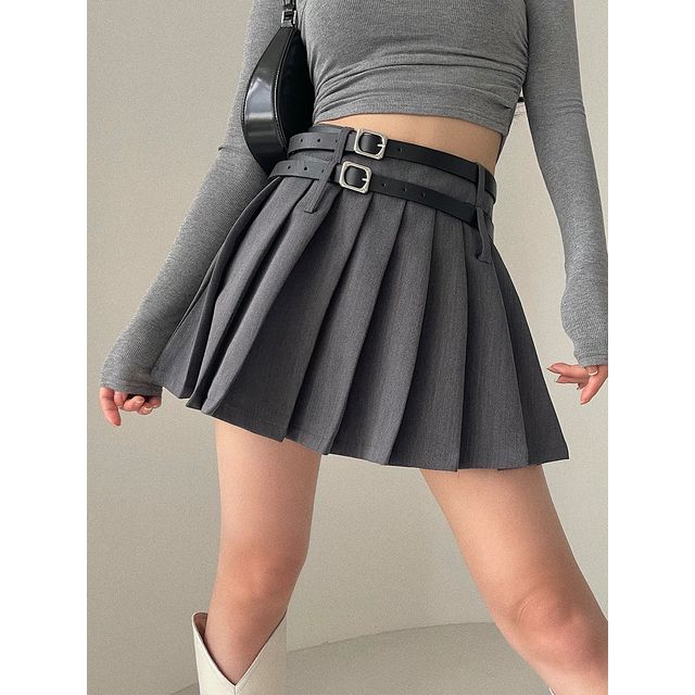 RainGirl-High Rise Belted Mini Pleated Skirt