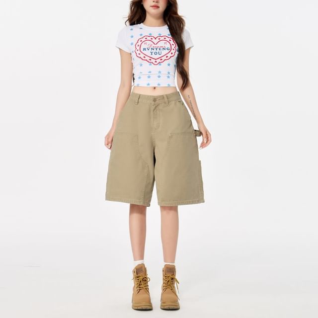 Denimot-Mid Rise Plain Panel Shorts Jorts