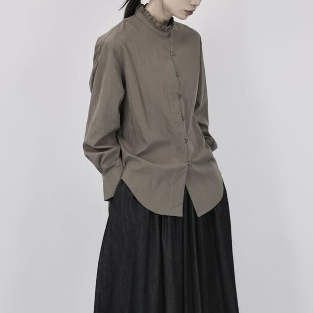 SIMPLE BLACK-Long-Sleeve Plain Frill Trim Shirt