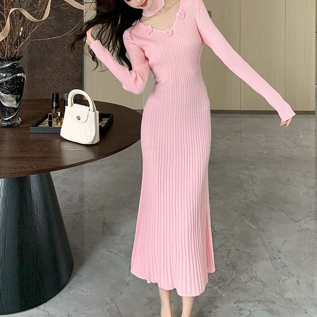 Yilda - Long Sleeve V-Neck Plain Floral Detail Ribbed Knit Midi A-Line Dress  | YesStyle