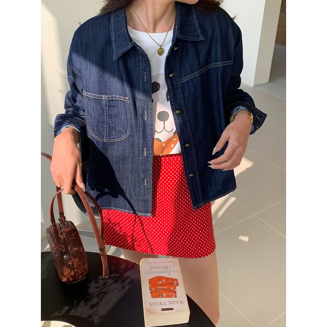 MORNINDEW-Lapel Collared Button Down Denim Jacket