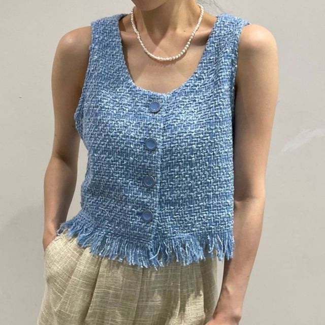 Coris-Fringed Button-Up Tweed Vest