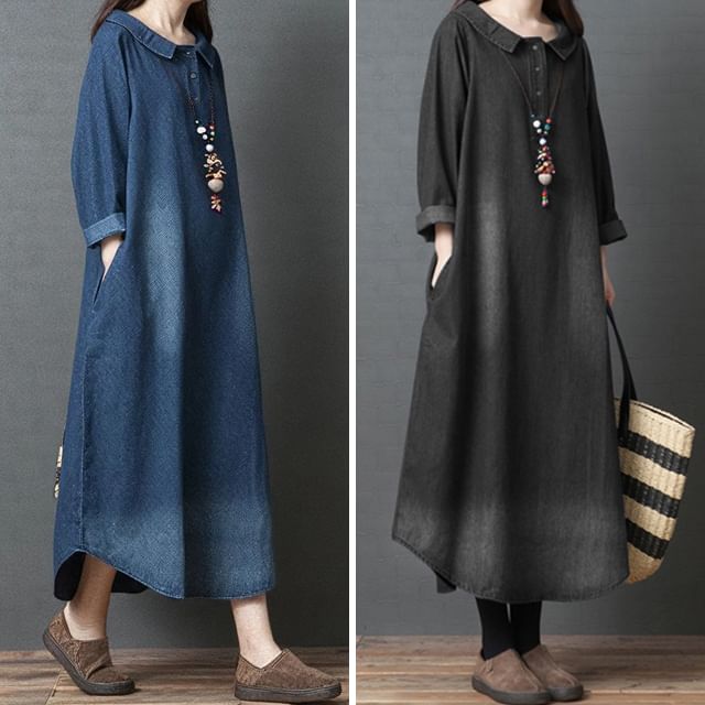 Supernova-Long-Sleeve Collared Denim Maxi A-Line Dress